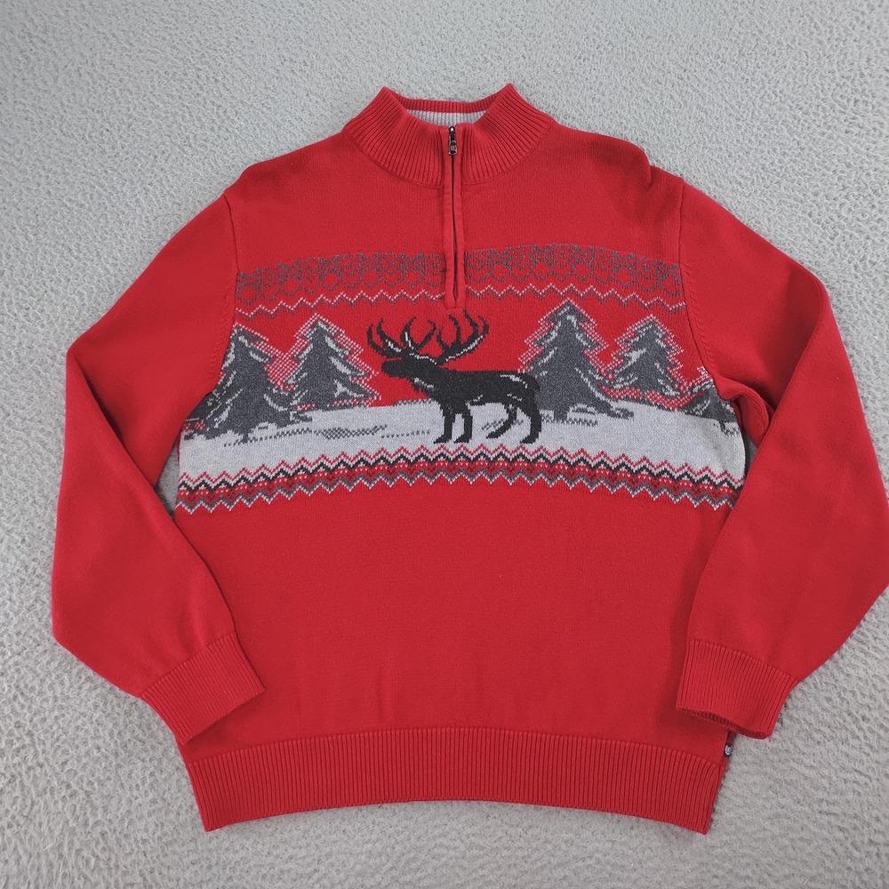 Chaps Sweater Mens Large Red 1/4 Zip Mock Neck Reindeer Christmas Cotton Knit